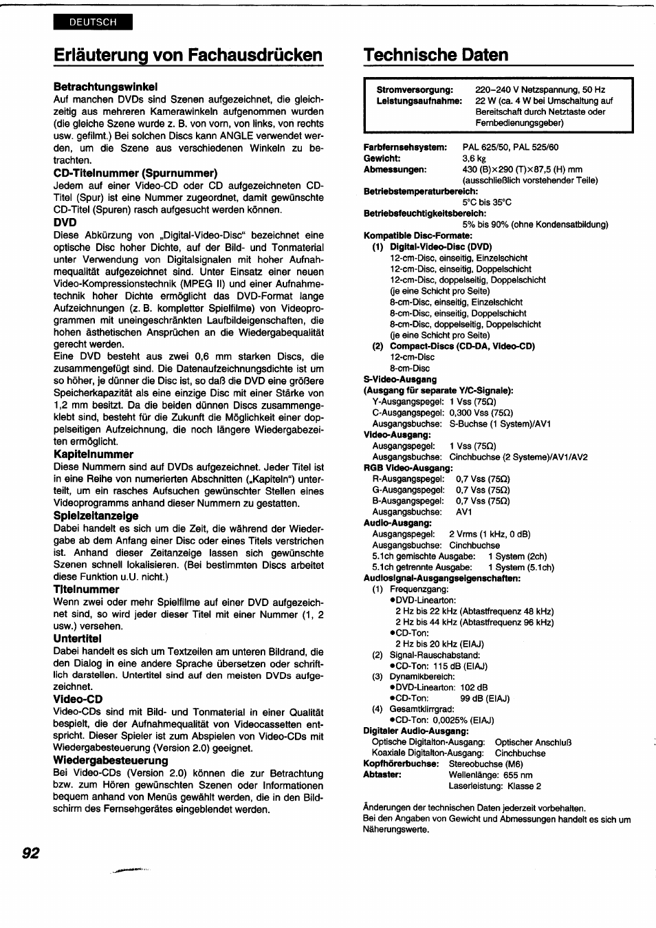 Erläuterung von fachausdrücken technische daten, Betrachtungswinkel, Cd-titelnummer (spurnummer) | Kapitelnummer, Titelnummer, Untertitel, Video-cd, Spielzeitanzeige, Wiedergabesteuerung | Panasonic DVDA350 User Manual | Page 92 / 96
