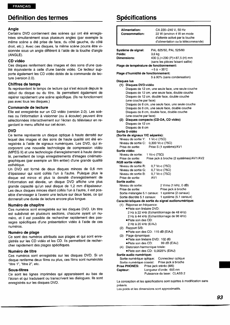 Définition des termes, Définition des termes spécifications | Panasonic DVDA350 User Manual | Page 93 / 96