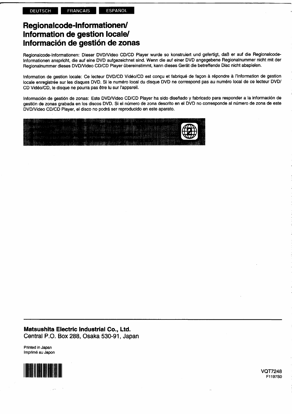 Regionalcode-informationen, Information de gestion locaie, Información de gestion de zonas | Panasonic DVDA350 User Manual | Page 96 / 96