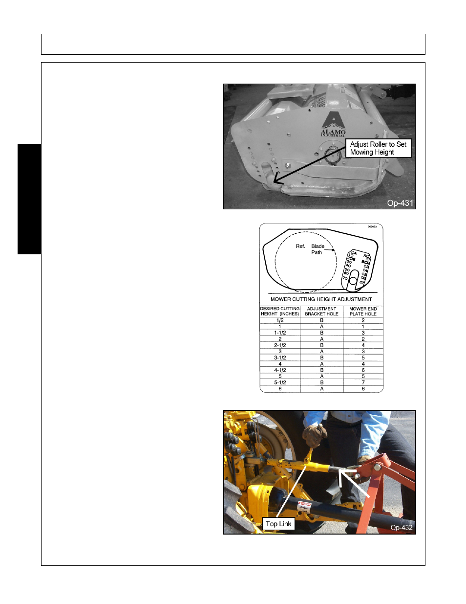 Roller height adjustment, Leveling deck, Operation | Opera t ion | Alamo 803350C User Manual | Page 110 / 168