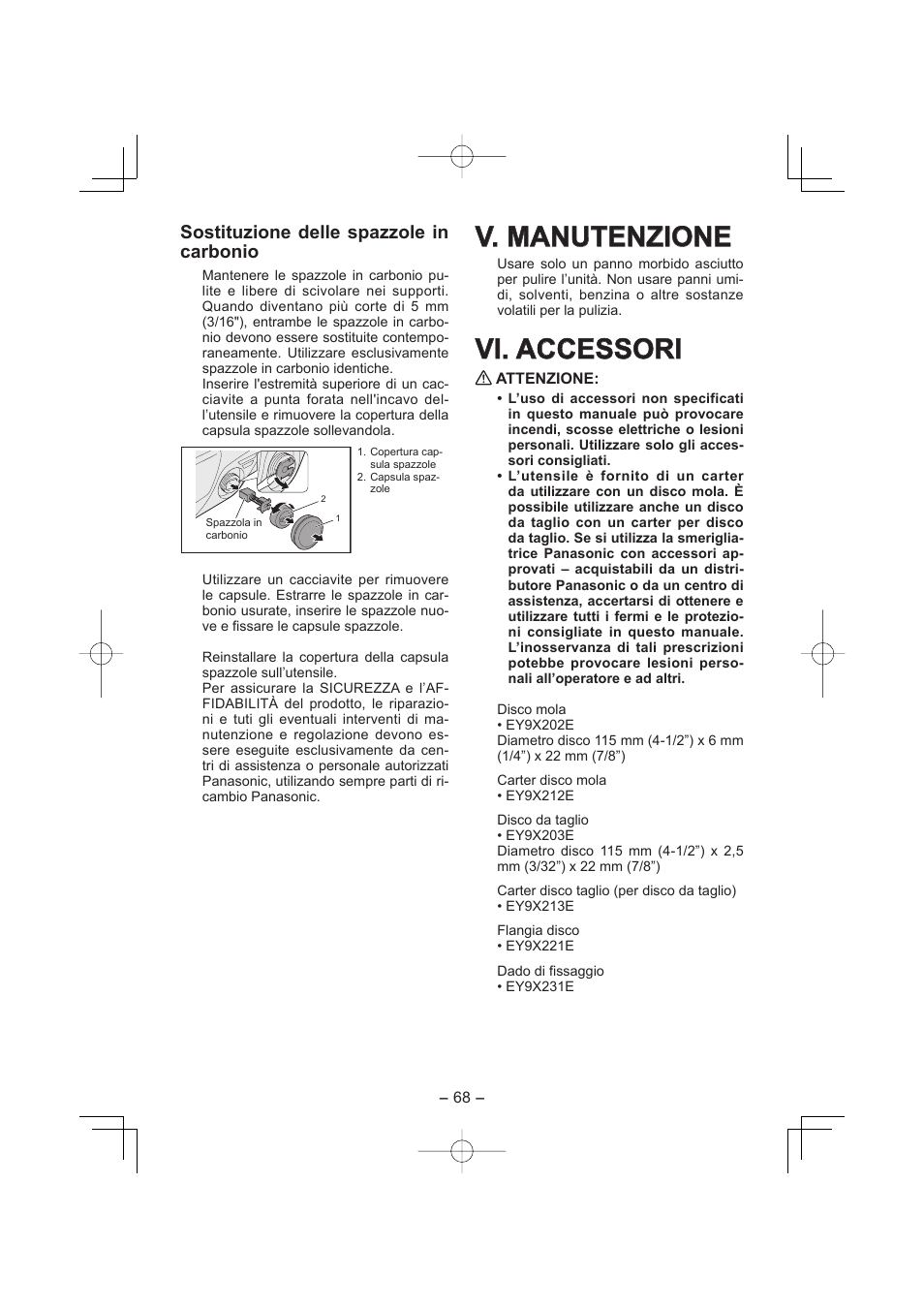 V. manutenzione, Vi. accessori, Sostituzione delle spazzole in carbonio | Panasonic EY4640 User Manual | Page 68 / 196