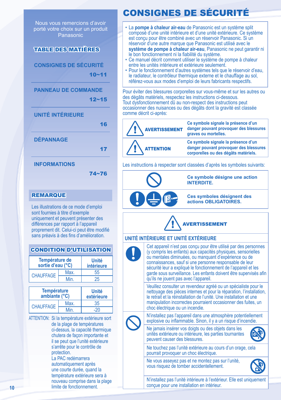 Consignes de sécurité | Panasonic WHUX12DE5 User Manual | Page 10 / 76