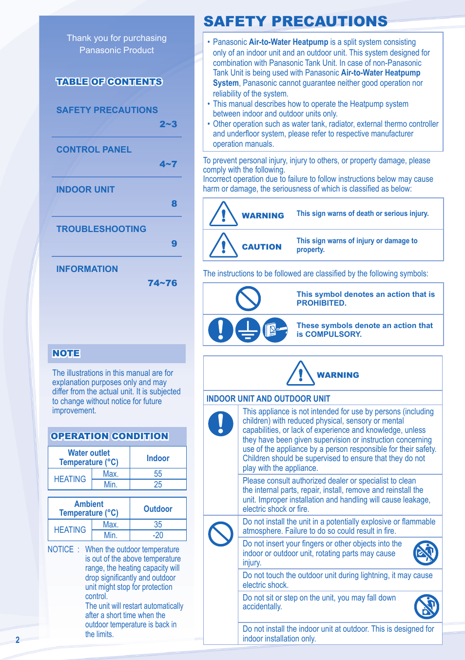 Safety precautions | Panasonic WHUX12DE5 User Manual | Page 2 / 76