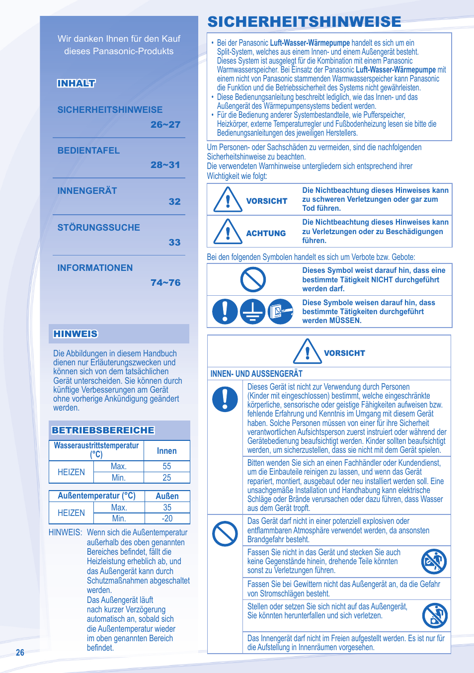 Sicherheitshinweise | Panasonic WHUX12DE5 User Manual | Page 26 / 76