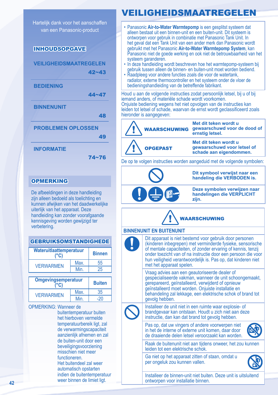 Veiligheidsmaatregelen | Panasonic WHUX12DE5 User Manual | Page 42 / 76