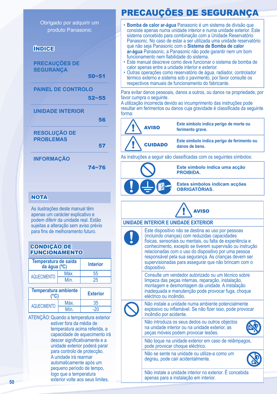 Precauções de segurança | Panasonic WHUX12DE5 User Manual | Page 50 / 76
