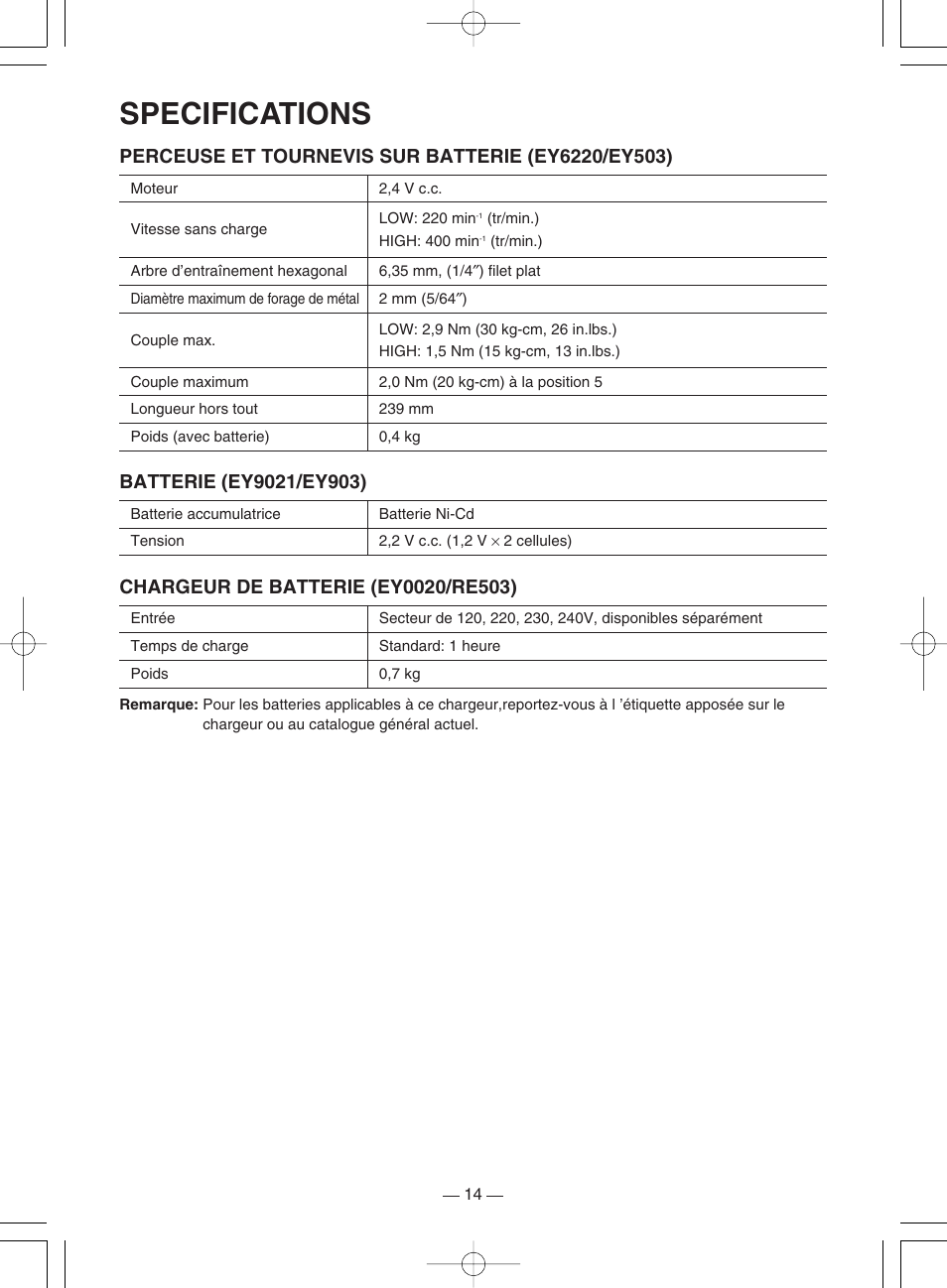 Specifications | Panasonic EY6220DR User Manual | Page 14 / 36