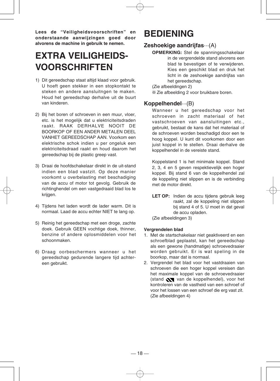 Extra veiligheids- voorschriften, Bediening | Panasonic EY6220DR User Manual | Page 18 / 36