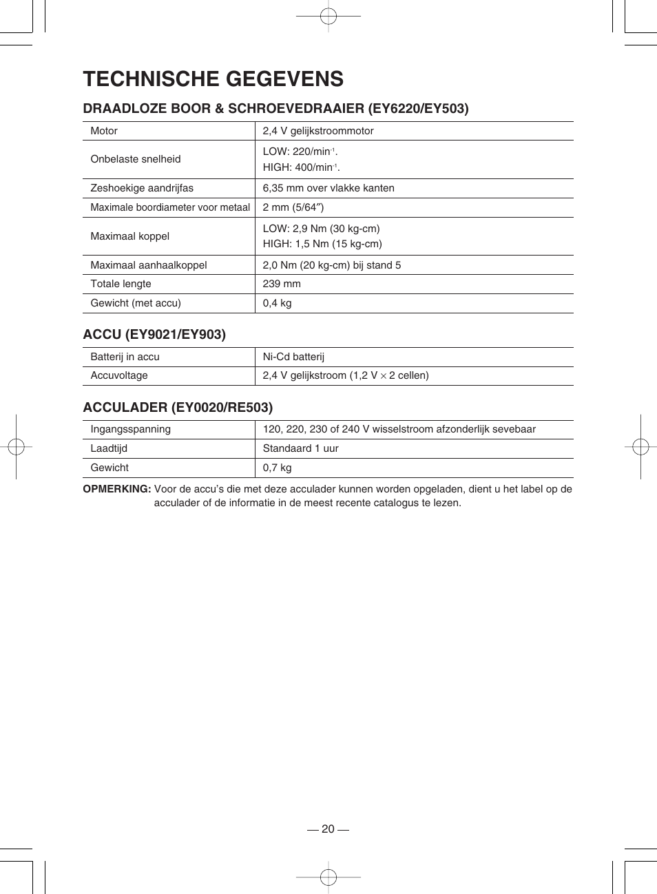 Technische gegevens | Panasonic EY6220DR User Manual | Page 20 / 36