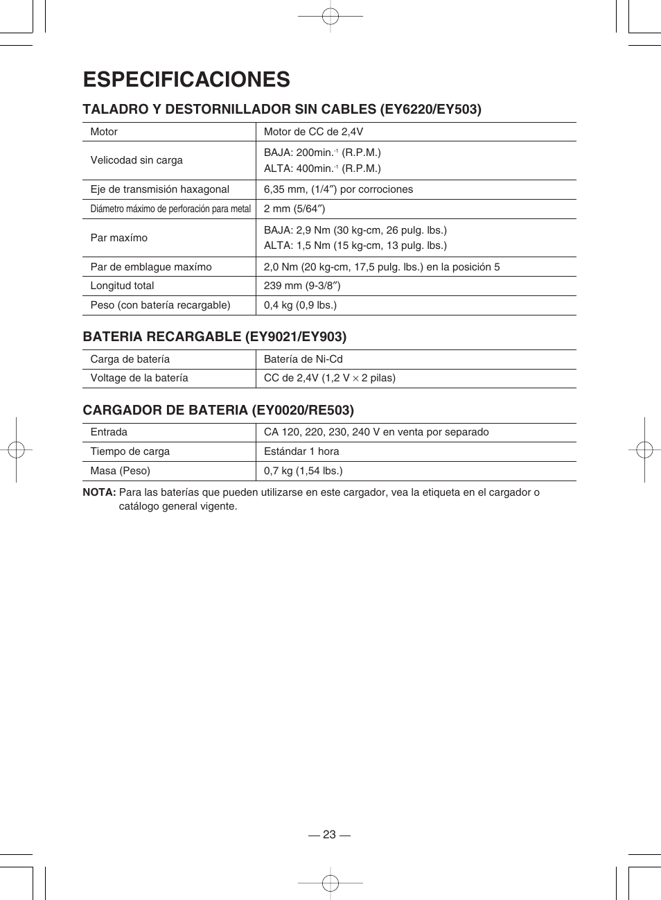 Especificaciones | Panasonic EY6220DR User Manual | Page 23 / 36