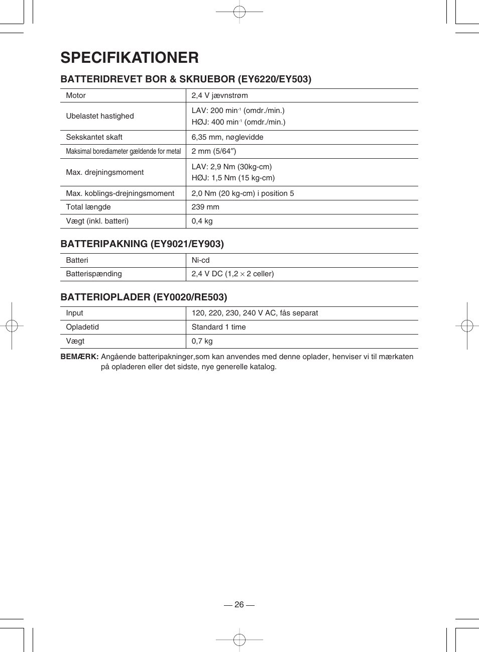 Specifikationer | Panasonic EY6220DR User Manual | Page 26 / 36