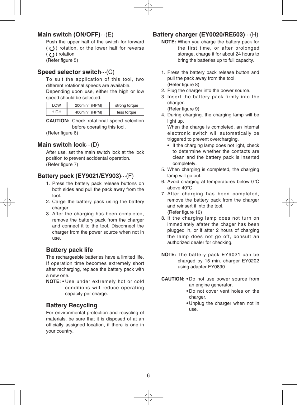 Main switch (on/off) ···(e), Speed selector switch ···(c), Main switch lock ···(d) | Battery pack life, Battery recycling | Panasonic EY6220DR User Manual | Page 6 / 36