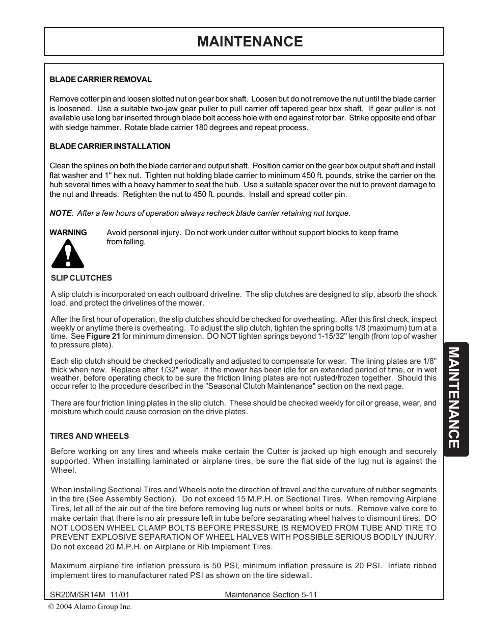 Blade carrier -11 slip clutch -11, Maintenance | Alamo SR14 User Manual | Page 141 / 166