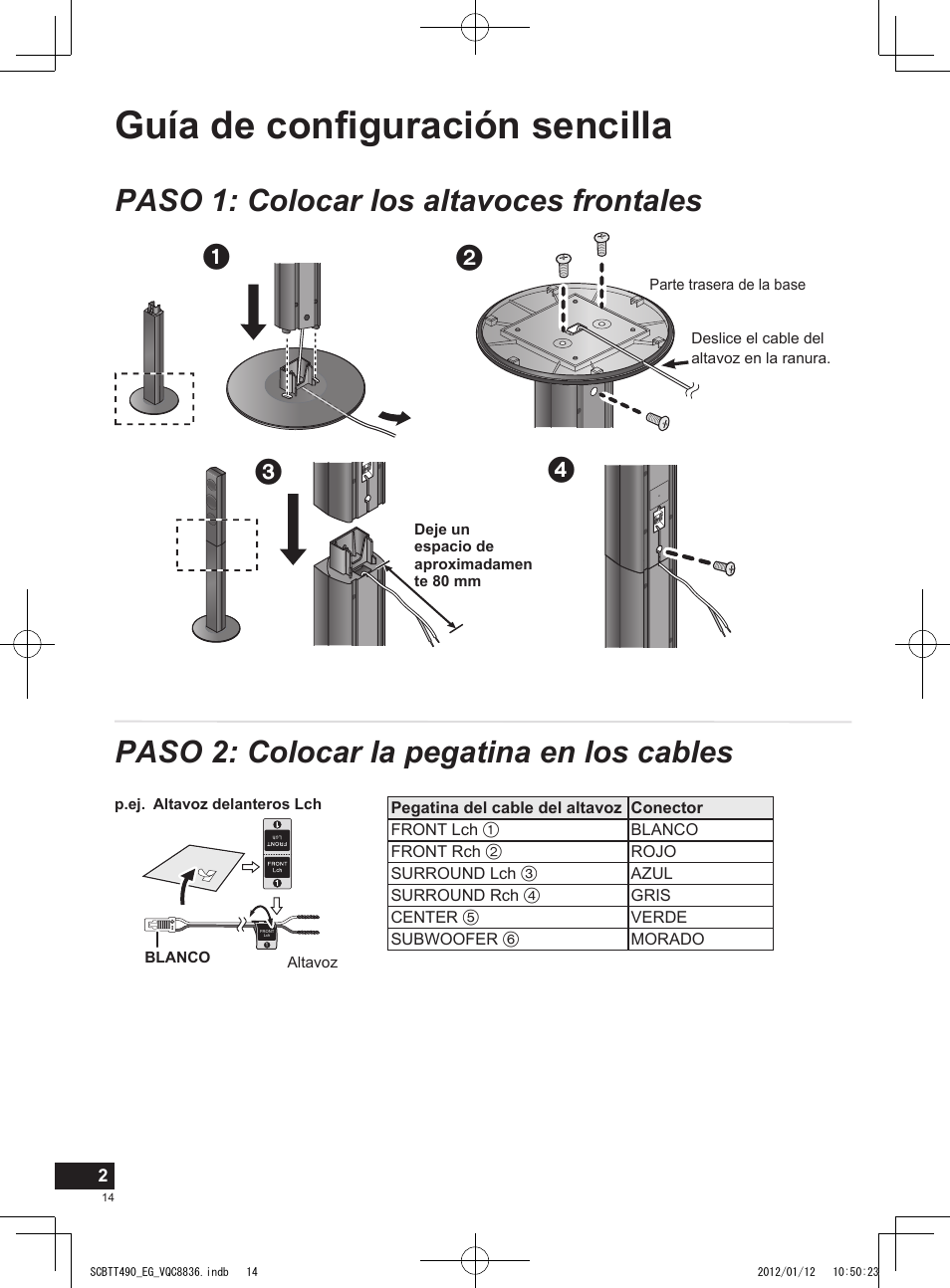 Guía de configuración sencilla, Paso 1: colocar los altavoces frontales, Paso 2: colocar la pegatina en los cables | Panasonic SCBTT490EGK User Manual | Page 14 / 36