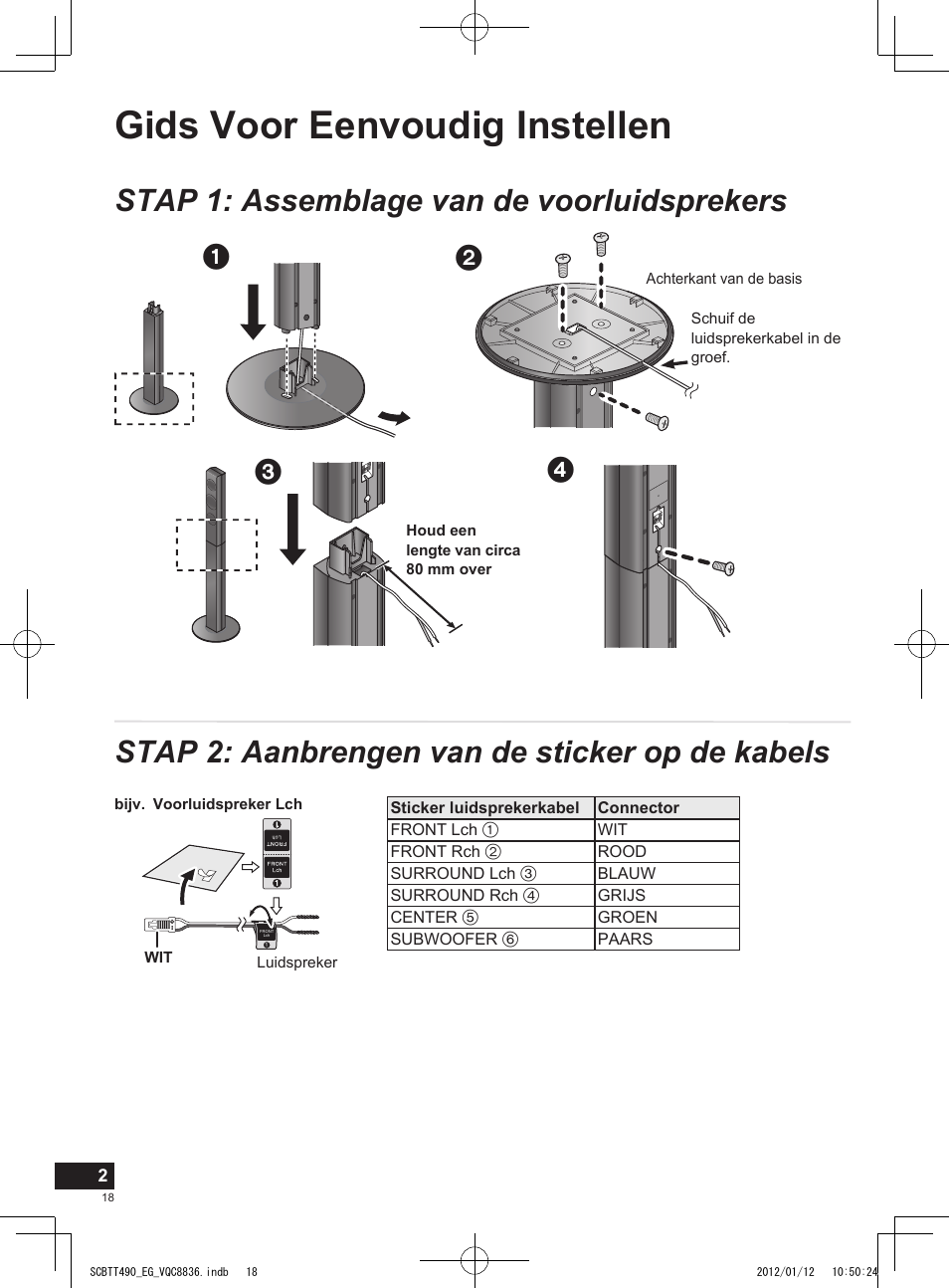 Gids voor eenvoudig instellen, Stap 1: assemblage van de voorluidsprekers, Stap 2: aanbrengen van de sticker op de kabels | Panasonic SCBTT490EGK User Manual | Page 18 / 36