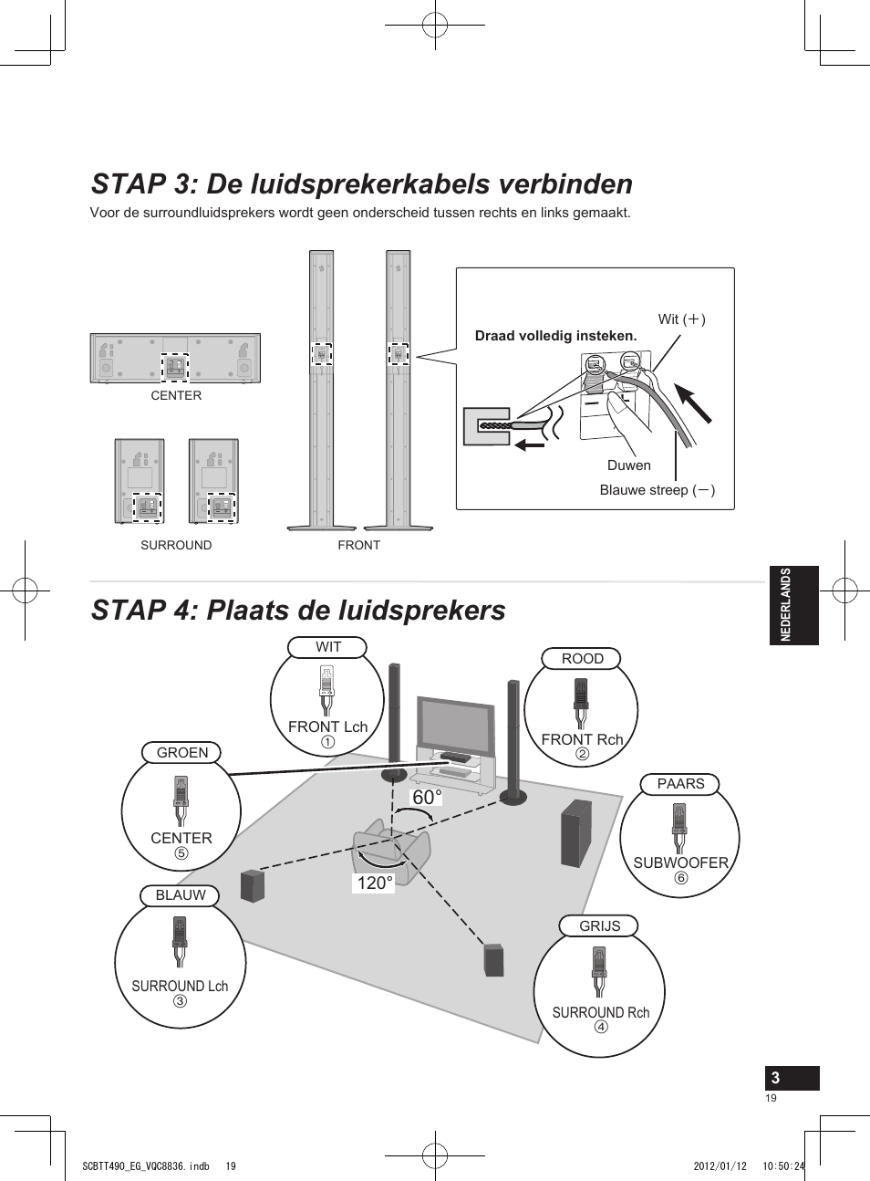 Stap 3: de luidsprekerkabels verbinden, Stap 4: plaats de luidsprekers | Panasonic SCBTT490EGK User Manual | Page 19 / 36
