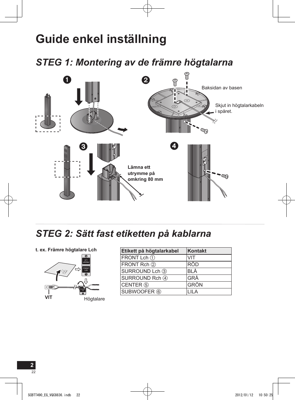 Guide enkel inställning, Steg 1: montering av de främre högtalarna, Steg 2: sätt fast etiketten på kablarna | Panasonic SCBTT490EGK User Manual | Page 22 / 36