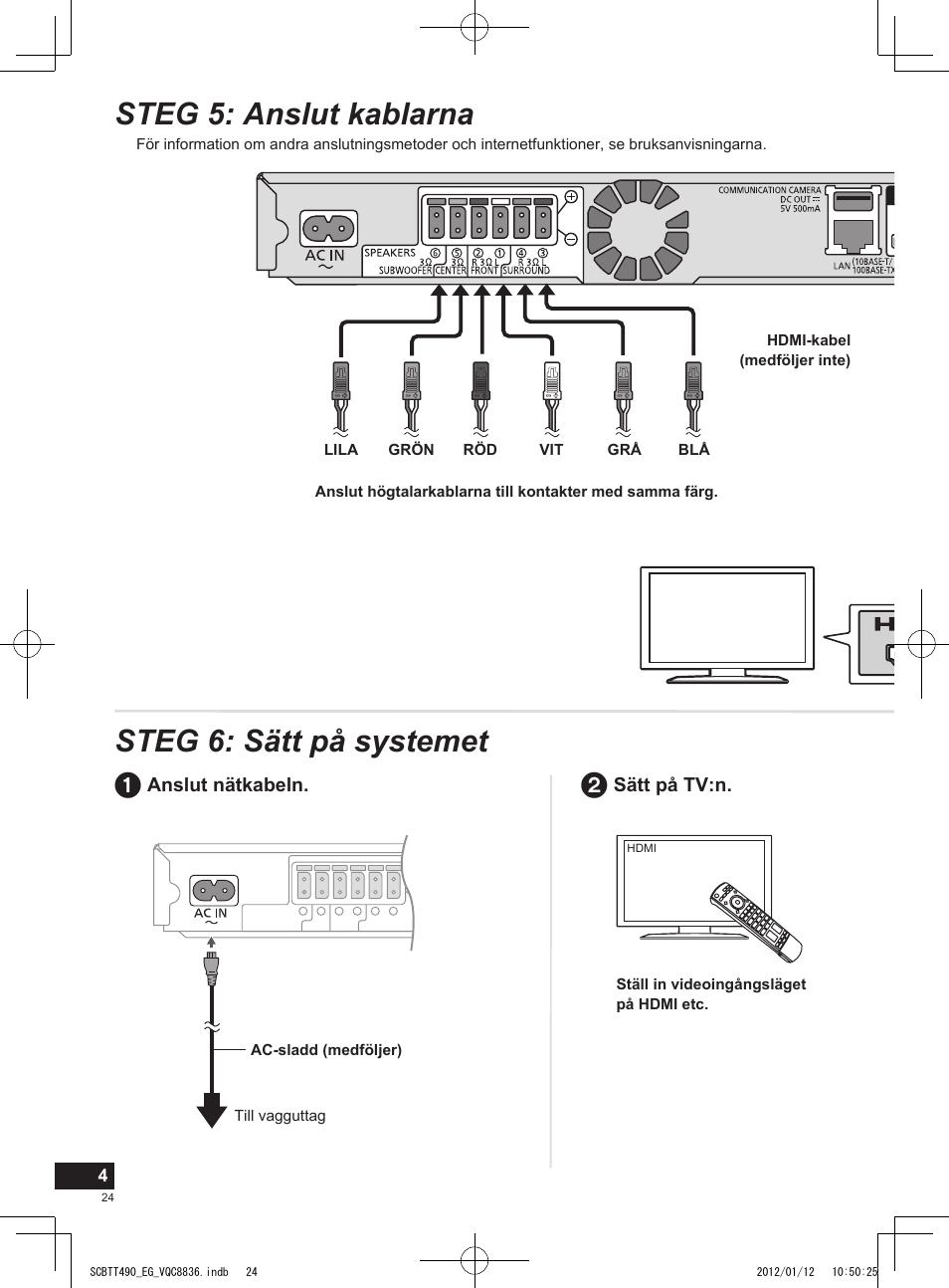 Steg 5: anslut kablarna steg 6: sätt på systemet | Panasonic SCBTT490EGK User Manual | Page 24 / 36