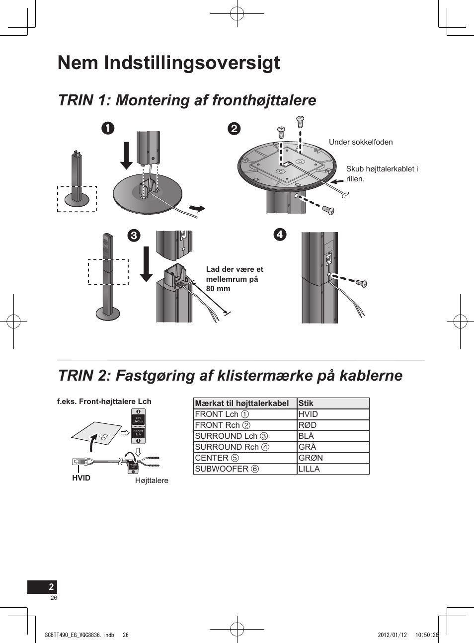 Nem indstillingsoversigt, Trin 1: montering af fronthøjttalere, Trin 2: fastgøring af klistermærke på kablerne | Panasonic SCBTT490EGK User Manual | Page 26 / 36