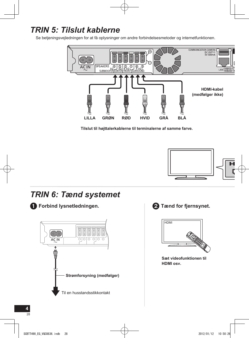 Trin 5: tilslut kablerne trin 6: tænd systemet | Panasonic SCBTT490EGK User Manual | Page 28 / 36
