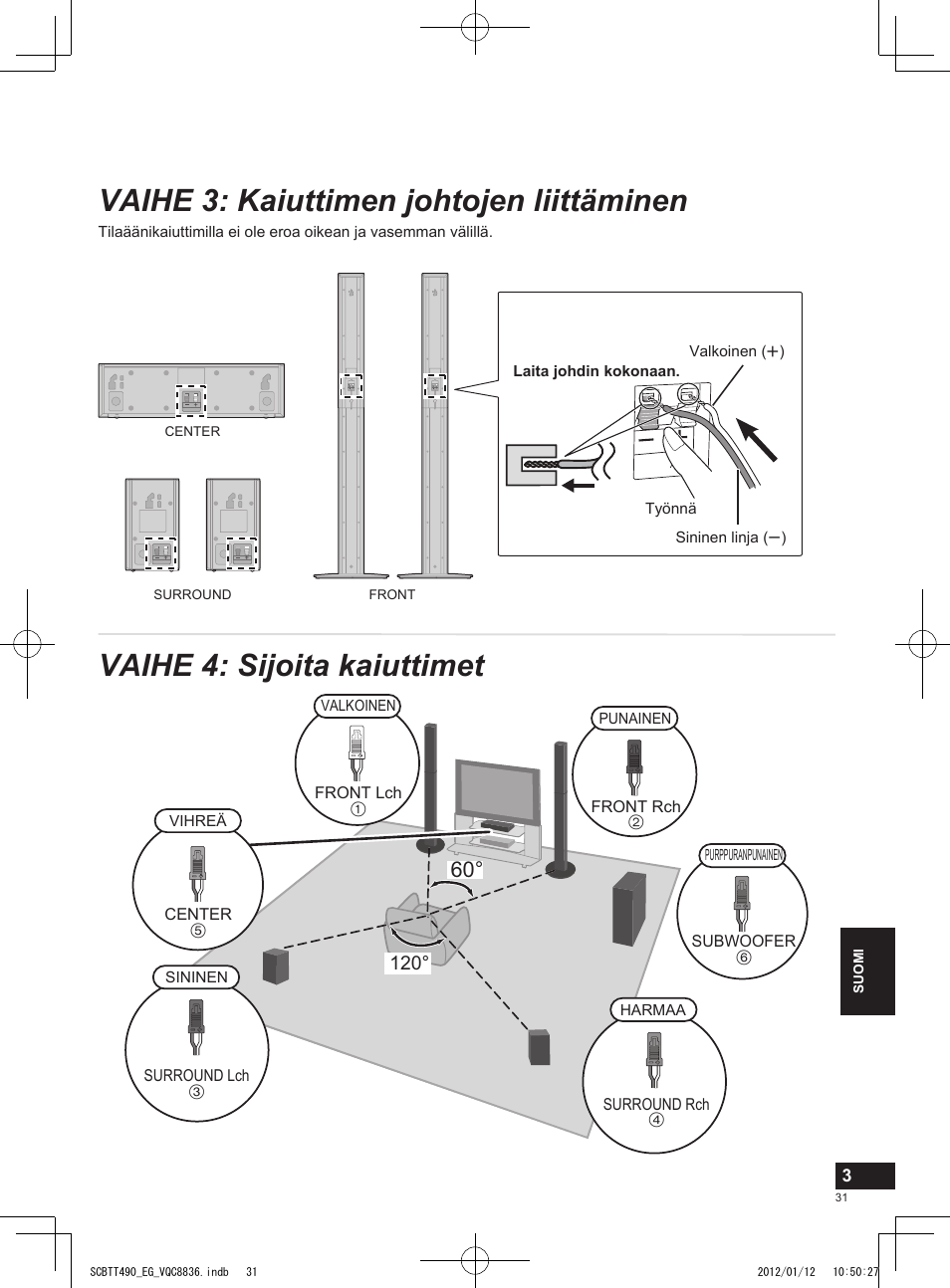 Vaihe 3: kaiuttimen johtojen liittäminen, Vaihe 4: sijoita kaiuttimet | Panasonic SCBTT490EGK User Manual | Page 31 / 36