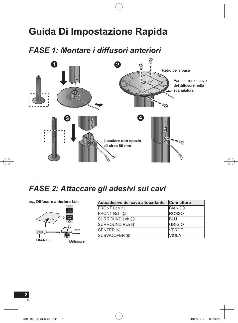 Guida di impostazione rapida, Fase 1: montare i diffusori anteriori, Fase 2: attaccare gli adesivi sui cavi | Panasonic SCBTT490EGK User Manual | Page 6 / 36