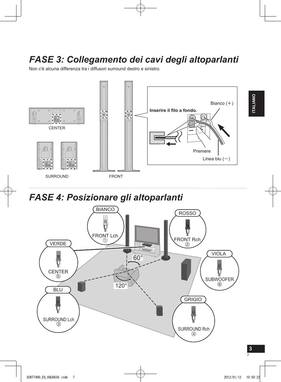 Fase 3: collegamento dei cavi degli altoparlanti, Fase 4: posizionare gli altoparlanti | Panasonic SCBTT490EGK User Manual | Page 7 / 36