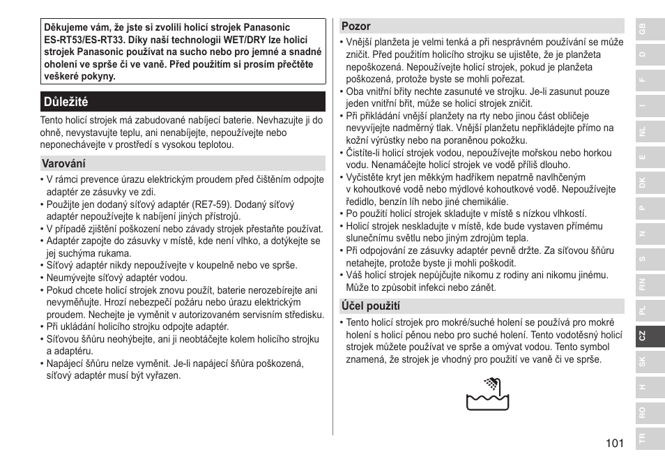Důležité | Panasonic ESRT33 User Manual | Page 101 / 142
