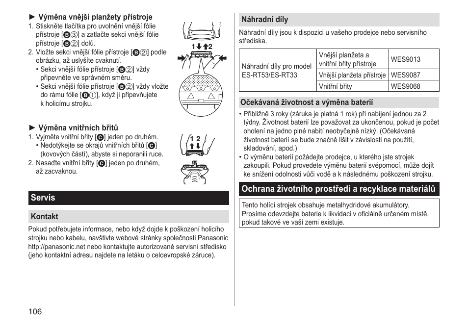 Servis, Ochrana životního prostředí a recyklace materiálů | Panasonic ESRT33 User Manual | Page 106 / 142