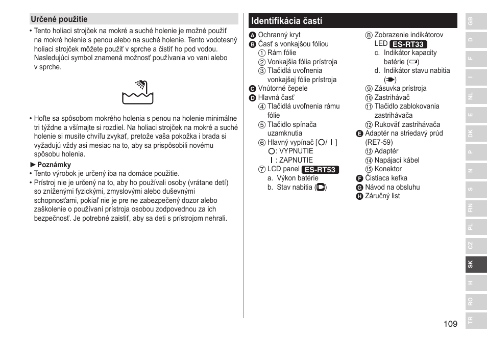 Identifikácia častí | Panasonic ESRT33 User Manual | Page 109 / 142
