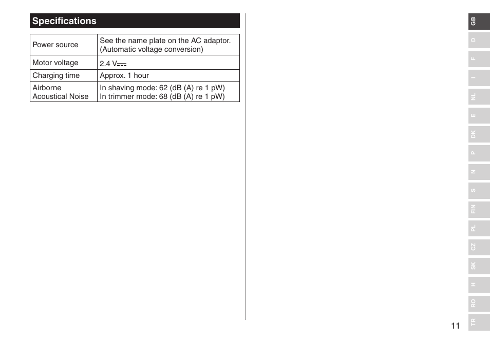 Specifications | Panasonic ESRT33 User Manual | Page 11 / 142