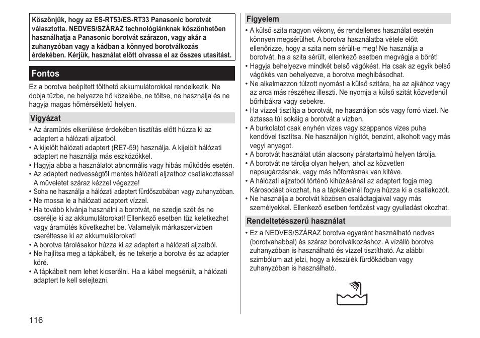 Fontos | Panasonic ESRT33 User Manual | Page 116 / 142