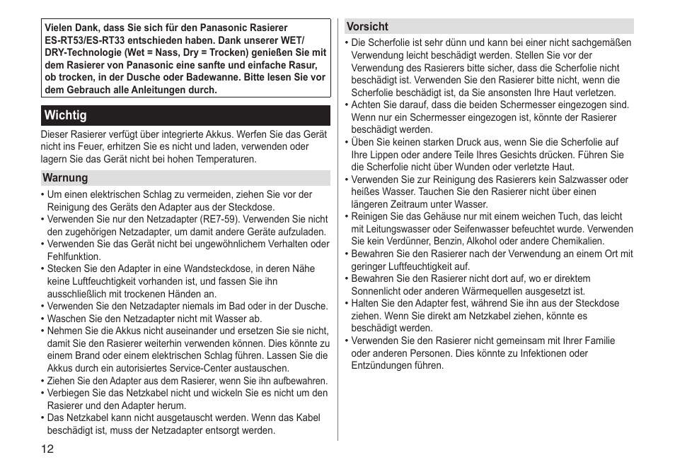 Wichtig | Panasonic ESRT33 User Manual | Page 12 / 142