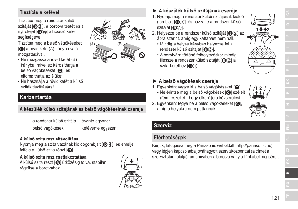 Karbantartás, Szerviz | Panasonic ESRT33 User Manual | Page 121 / 142