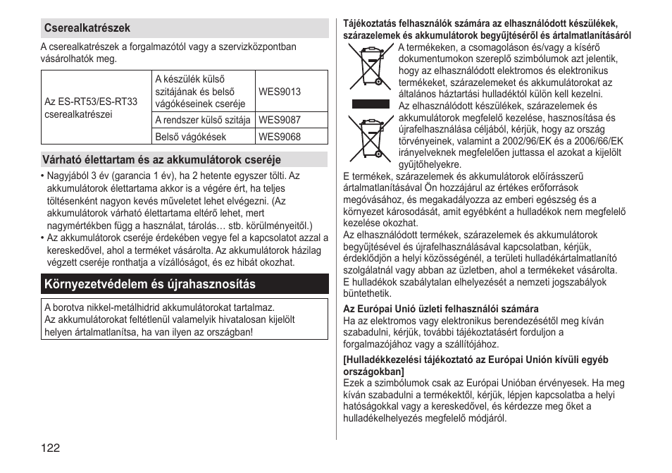 Környezetvédelem és újrahasznosítás | Panasonic ESRT33 User Manual | Page 122 / 142