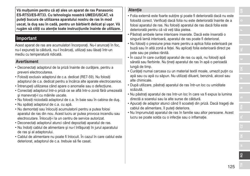 Important | Panasonic ESRT33 User Manual | Page 125 / 142