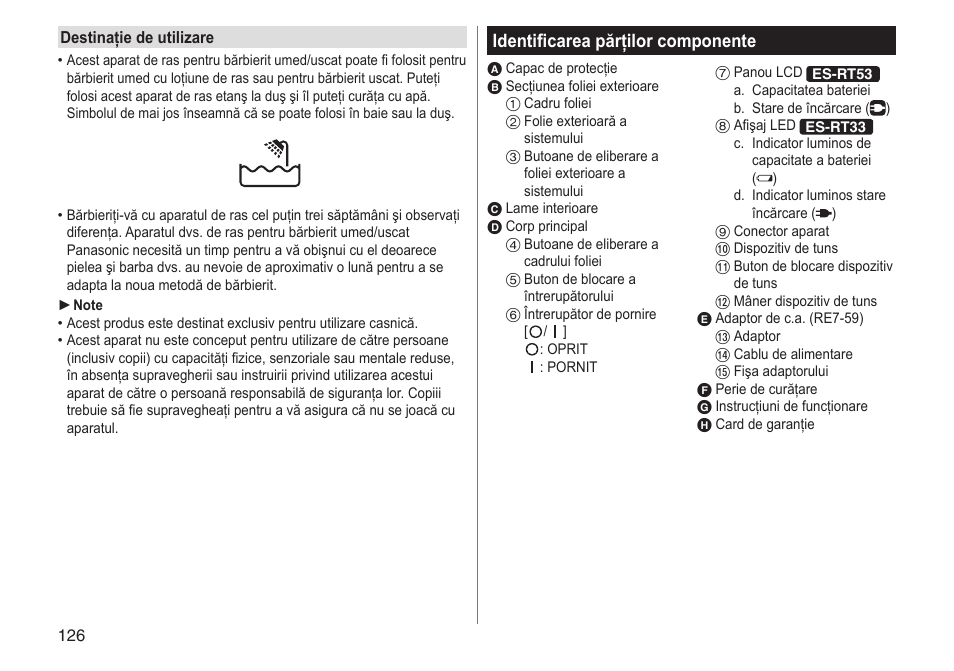 Identificarea părţilor componente | Panasonic ESRT33 User Manual | Page 126 / 142