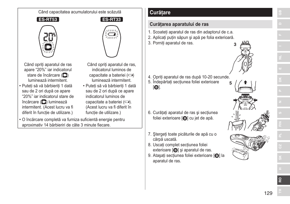 Curăţare | Panasonic ESRT33 User Manual | Page 129 / 142