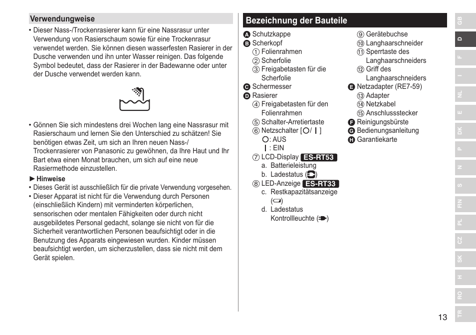 Bezeichnung der bauteile | Panasonic ESRT33 User Manual | Page 13 / 142