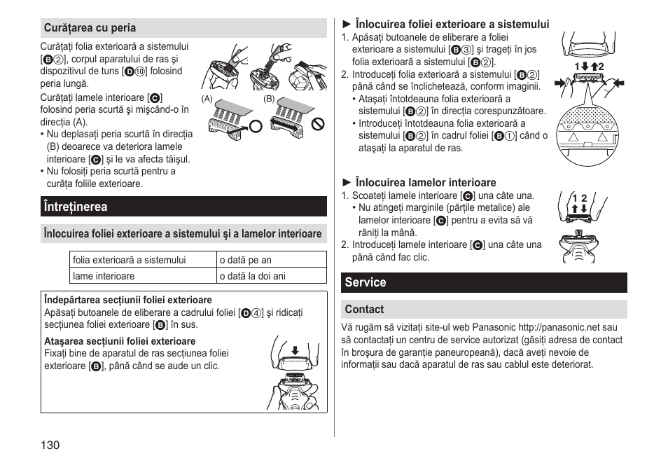 Întreţinerea, Service | Panasonic ESRT33 User Manual | Page 130 / 142