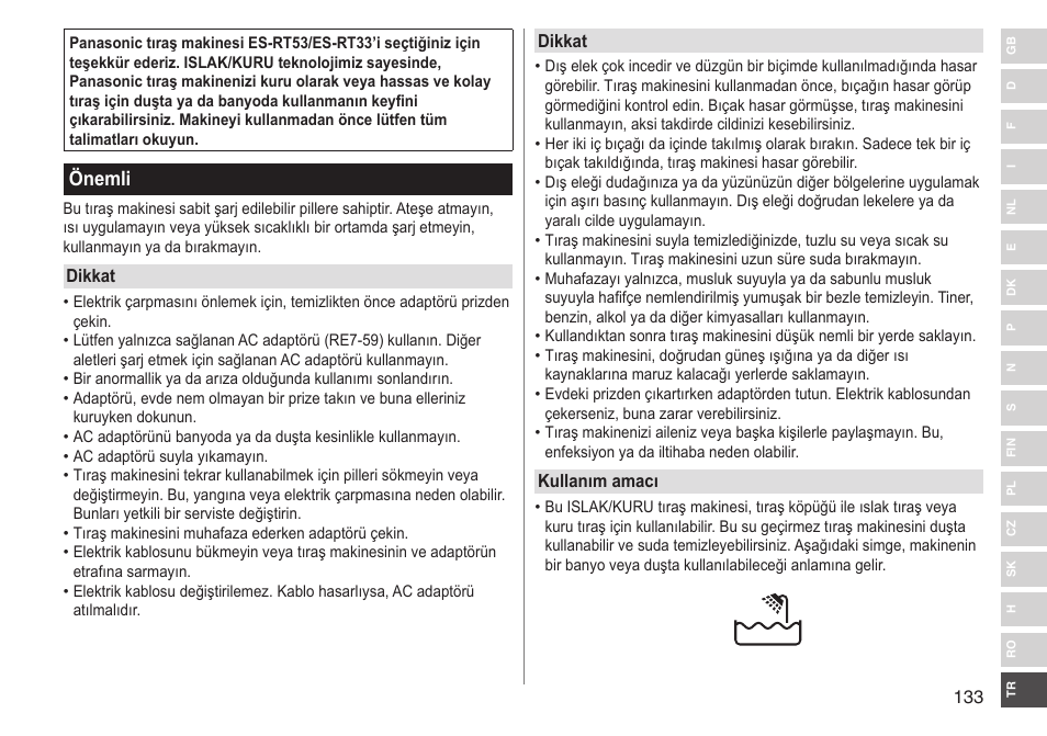 Önemli | Panasonic ESRT33 User Manual | Page 133 / 142