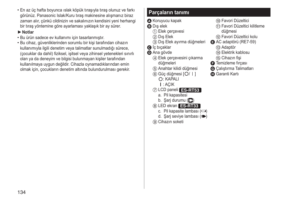 Parçaların tanımı | Panasonic ESRT33 User Manual | Page 134 / 142