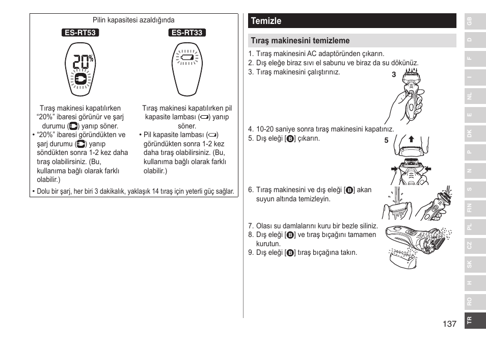 Temizle | Panasonic ESRT33 User Manual | Page 137 / 142