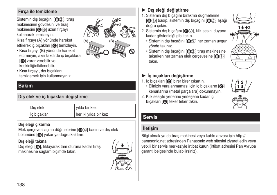 Bakım, Servis | Panasonic ESRT33 User Manual | Page 138 / 142