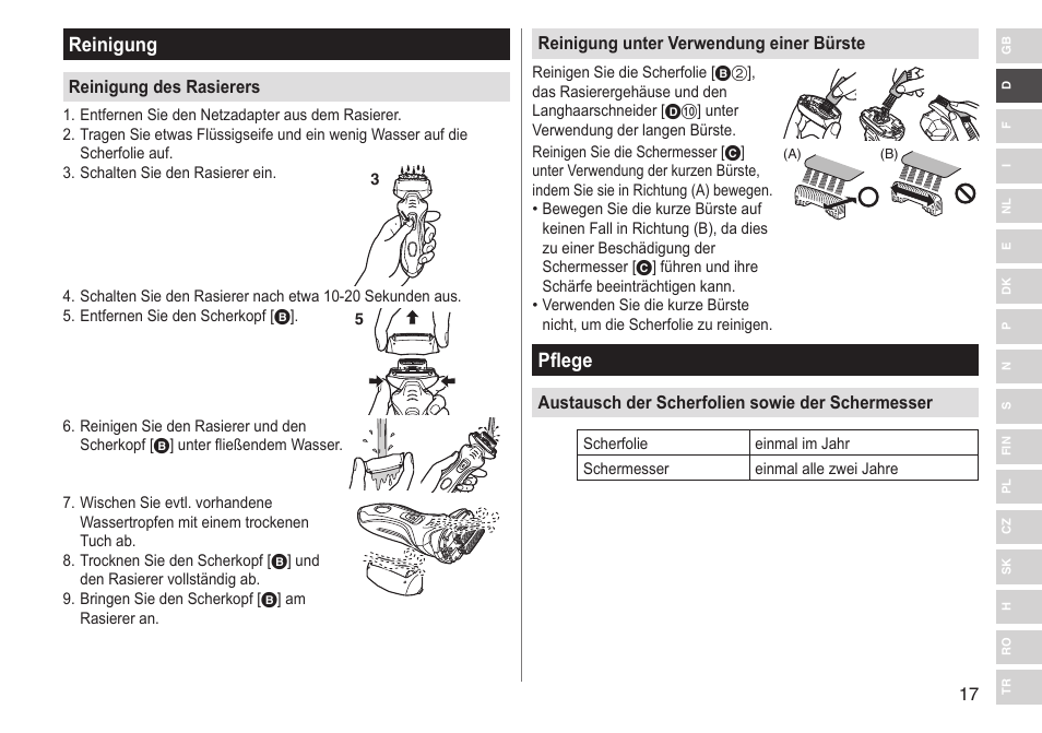 Reinigung, Pflege | Panasonic ESRT33 User Manual | Page 17 / 142