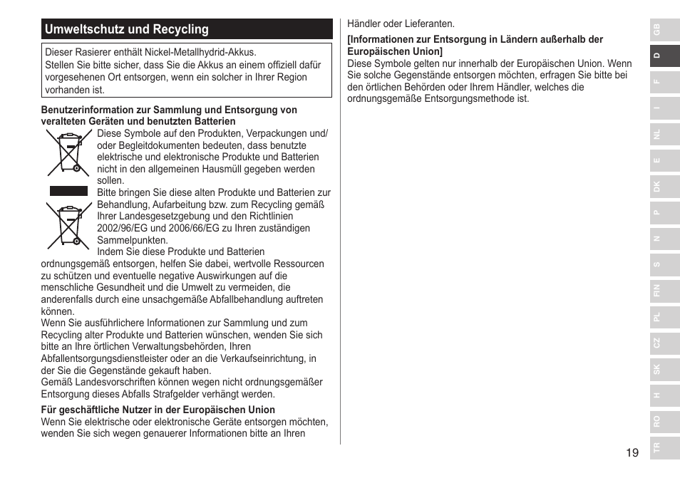Umweltschutz und recycling | Panasonic ESRT33 User Manual | Page 19 / 142