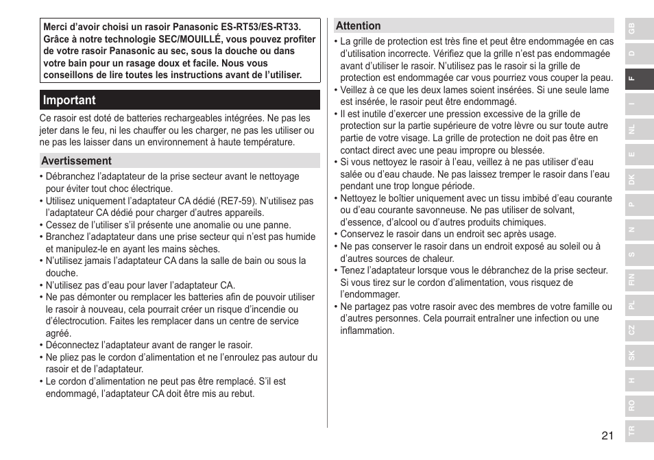 Important | Panasonic ESRT33 User Manual | Page 21 / 142