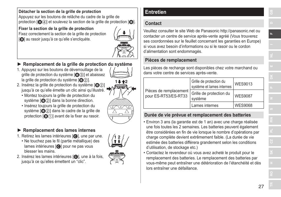 Entretien | Panasonic ESRT33 User Manual | Page 27 / 142