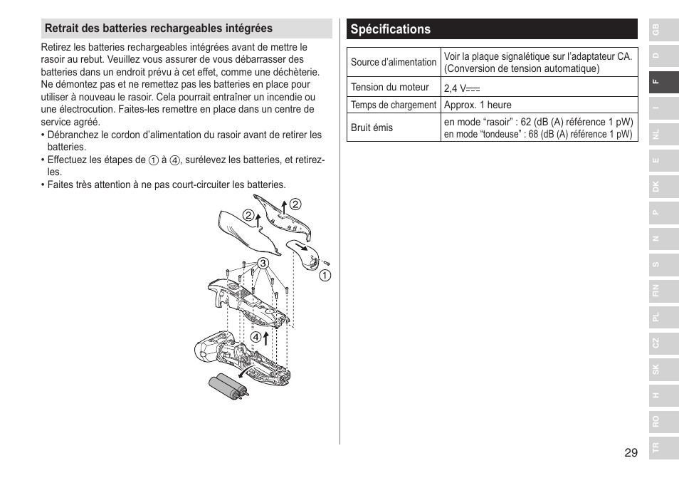 Spécifications | Panasonic ESRT33 User Manual | Page 29 / 142