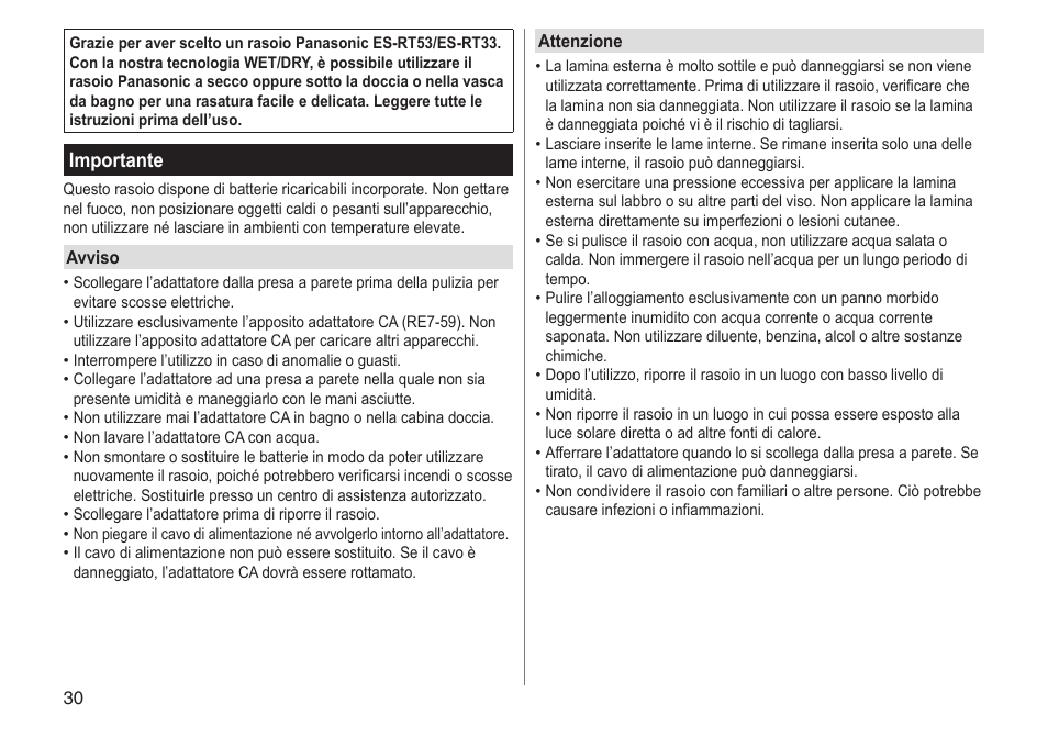 Importante | Panasonic ESRT33 User Manual | Page 30 / 142